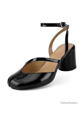 Chunky Block High Heel Split Toe Pumps Ankle Strap Tabi Shoes Faux Leather